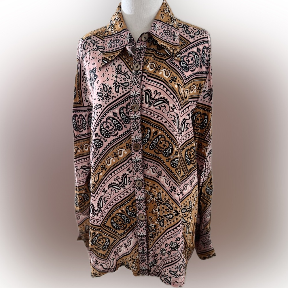 Farm Rio/Anthropologie Paisley Blouse in Pink and Brown sz XL